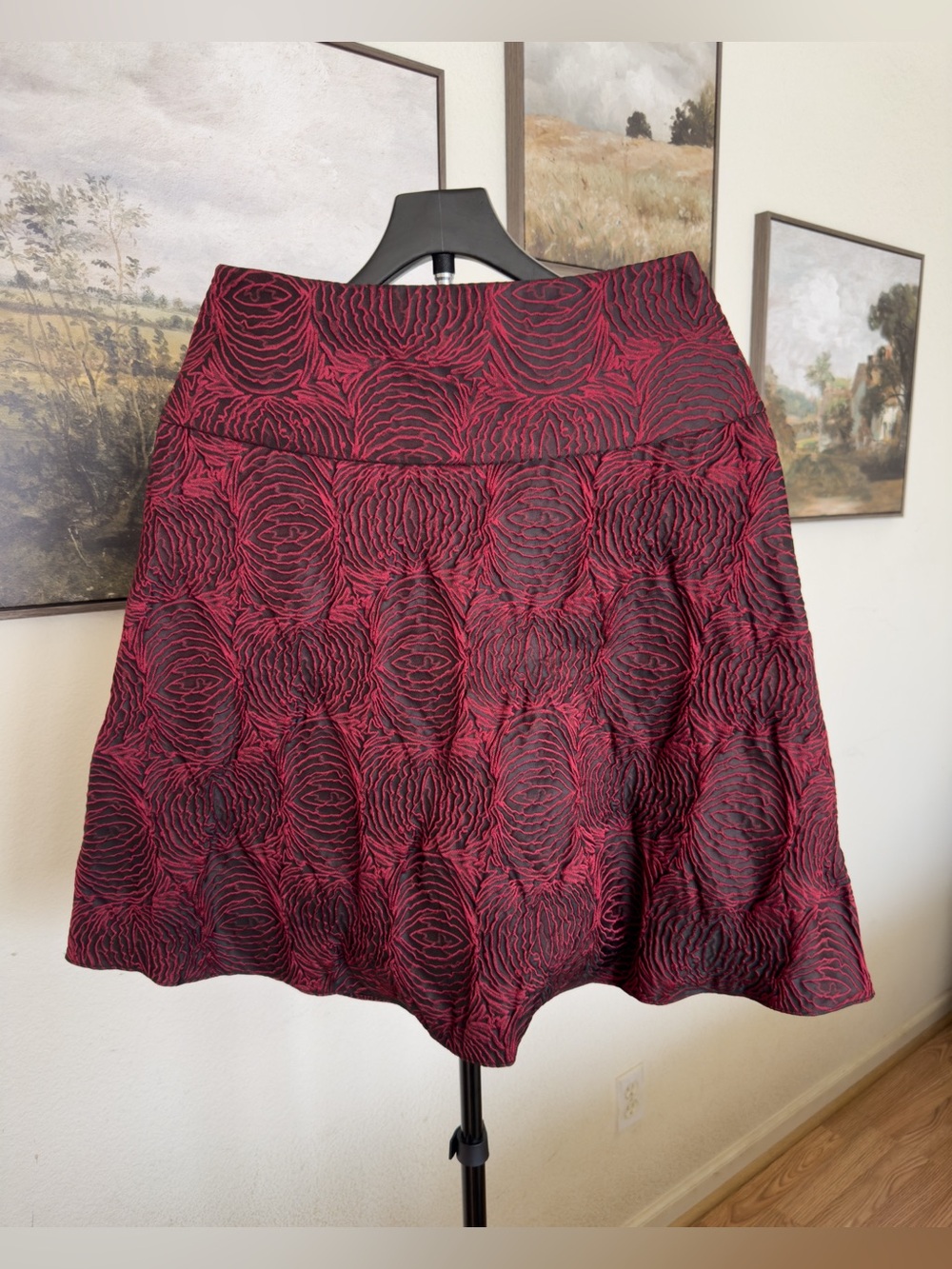 Ann Taylor Red and Black Textured Brocade Skirt